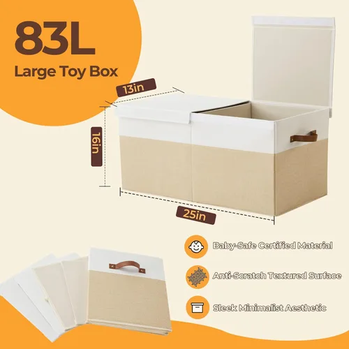 Miniatura 2 de Caja de juguetes grande, plegable y resistente de 83 litros con tapa, organizador de almacenamiento para niños de 25 x 13 x 16 pulgadas, baúl