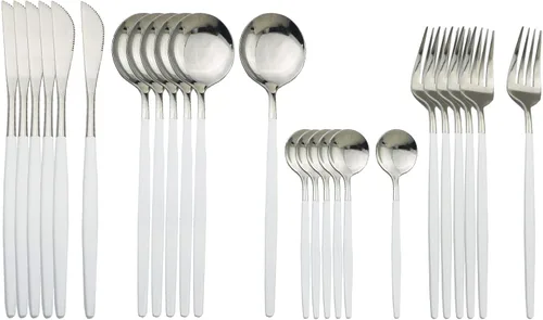 Juego de cubiertos plateados con mango blanco, 24 piezas de acero inoxidable brillante, cubiertos para 6, aptos para lavavajillas Mango blanco plata