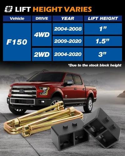 Miniatura 5 de Dynofit - Bloques de elevación traseros de 3 pulgadas para Ford F150 2WD 4WD 2004-2020, kit de bloque de elevación y pernos en U cuadrados