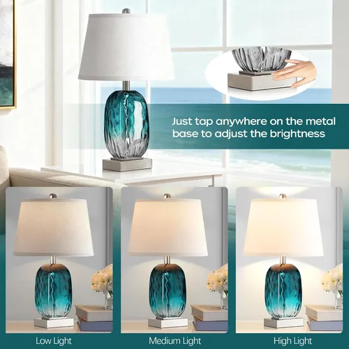 Miniatura 2 de Juego de 2 lámparas de mesa con control táctil, lámpara de noche de cristal verde azulado costero con puertos USB A+C, lámparas de mesa de noche