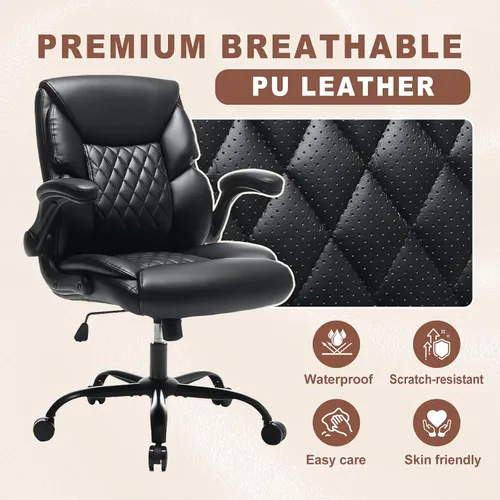 Miniatura 4 de Silla de oficina ejecutiva de piel sintética con ruedas, sillas de escritorio pequeñas giratorias de 360° con brazos acolchados, silla ergonómica