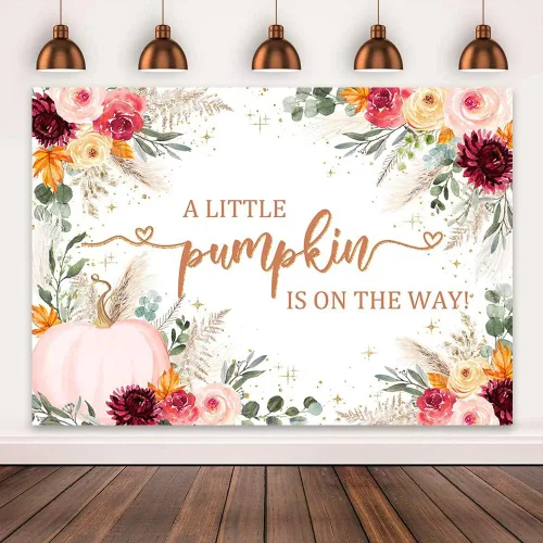 Miniatura 2 de Mocsicka Telón de fondo para baby shower, calabaza rosa burdeos, fondo de baby shower, decoración de fiesta con texto en inglés "A Little Pumpkin is