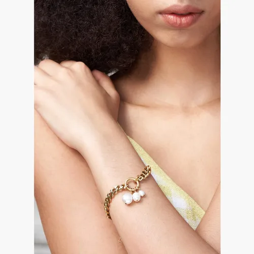 Miniatura 5 de EF ENFASHION Pulsera clásica de eslabones de perlas de acero inoxidable chapada en oro de 18 quilates con dije de corazón para mujeres y niñas