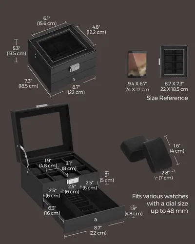 Miniatura 69 de SONGMICS UJWB012 - Caja de reloj de 12 ranuras, caja de reloj con cerradura con tapa de vidrio, 2 capas, con 1 cajón para anillos, pulseras, idea