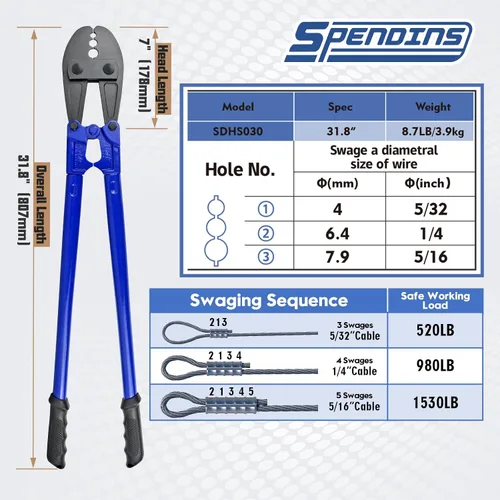 Miniatura 3 de Herramienta de Engarzado Manual de 31.8 Pulgadas, Herramienta de Prensado de Cable de Alambre para Cables de 5/32", 1/4", 5/16", Engarzadora