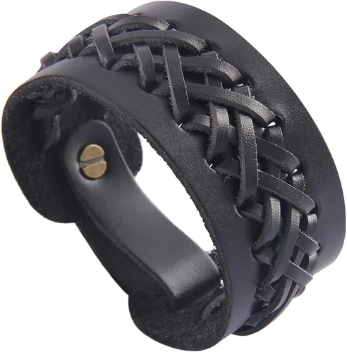 Miniatura 48 de Jeilwiy Pulseras de cuero punk para hombres, pulseras hechas a mano, brazalete ancho, joyería trenzada, color negro y marrón, ajustable, regalos