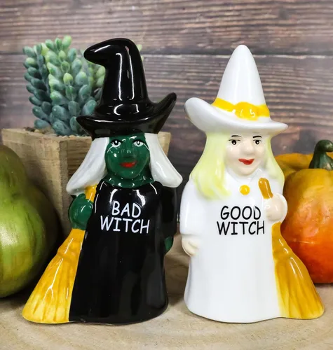 Miniatura 2 de Ebros Gift Fuerzas del bien y del mal Elphaba VS Glinda Brujas que llevan escobas con salero y pimentero, juego de figuras de cerámica con tapones