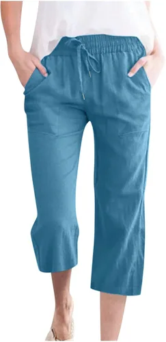 Miniatura 29 de Ceboyel Pantalones capri para mujer para verano, cintura elástica, pantalones de yoga, con cordón, pantalones de lino, pantalones de entrenamiento