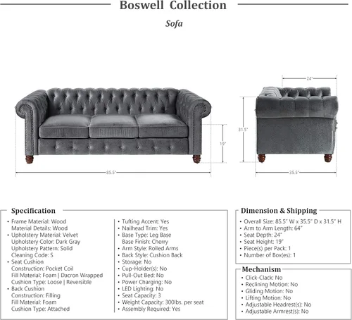 Miniatura 3 de Lexicon Boswell - Sofá de sala de estar, color gris oscuro