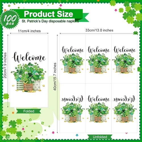 Miniatura 2 de Outus 100 servilletas del día de San Patricio, tréboles de bienvenida, toallas de papel para invitados, toallas de mano verdes, tréboles