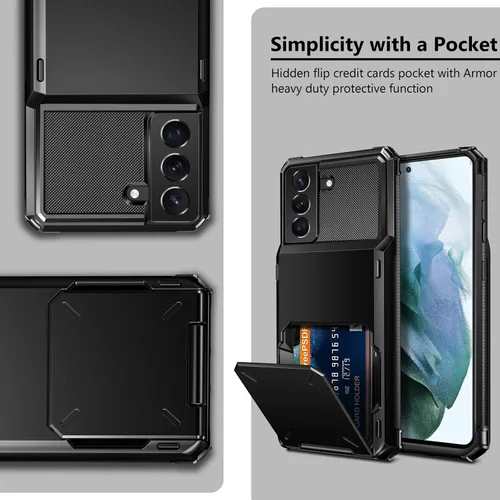 Miniatura 6 de Vofolen Funda tipo cartera para Galaxy S21 Ultra con 4 tarjetas, tarjetero con ranura para tarjeta de crédito, bolsillo trasero, doble capa, Negro