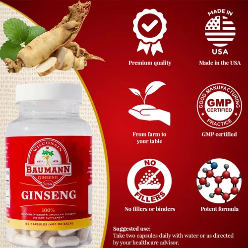 Miniatura 8 de Baumann Wisconsin Ginseng Cápsulas 130 píldoras 400 mg – Extracto de raíz de ginseng americano puro en polvo en cada píldora – Suplemento de Panax