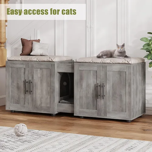Miniatura 6 de GAOMON Caja de arena con doble jaula, casa para gatos, caja de arena oculta para 2 gatos, muebles de madera cerrada para gatos, 55 pulgadas de largo