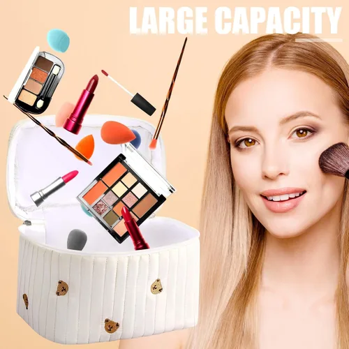 Miniatura 7 de Paterr Juego de 3 bolsas de maquillaje acolchadas grandes de algodón para mujer, bolsa organizadora de artículos de tocador de viaje para Azul