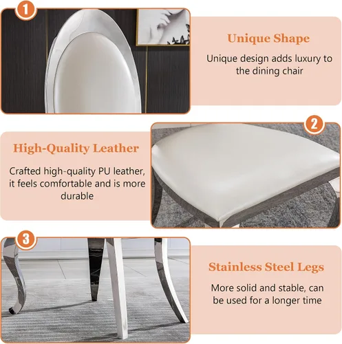 Miniatura 4 de Juego de 2 sillas con 2 sillas de comedor de piel sintética blanca, silla de cocina moderna con respaldo ovalado y patas de acero inoxidable