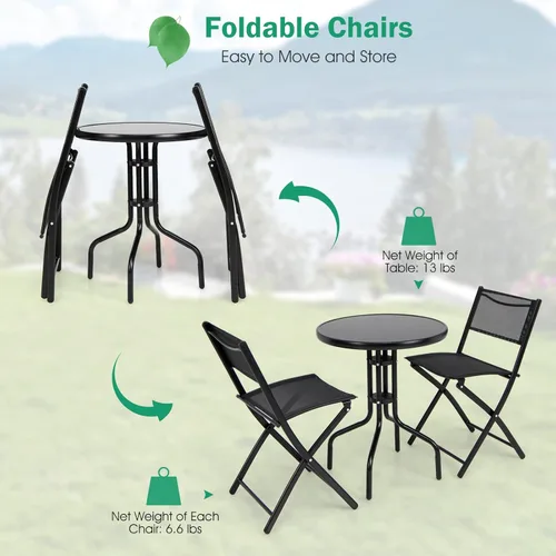 Miniatura 6 de Tangkula Juego de 3 piezas plegables para patio, sillas plegables y mesa con mesa de vidrio templado, mesa redonda y sillas plegables, juego