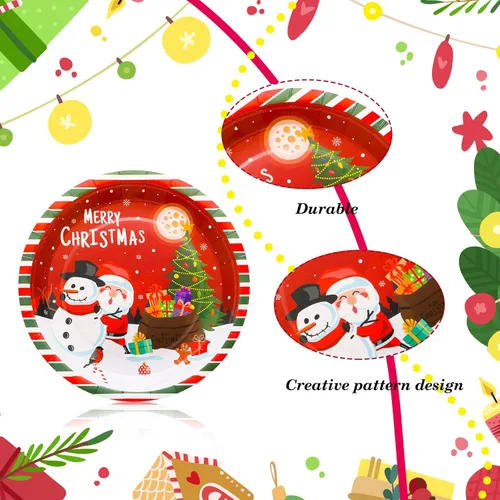 Miniatura 3 de Sliner 120 platos de papel de Navidad desechables de 9 pulgadas, platos de postre de papel de Navidad, cinturón de Papá Noel, alce, muñeco de nieve