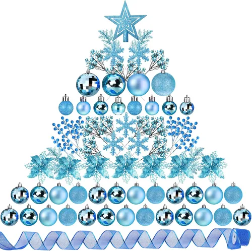 Sratte 94 piezas de adornos para árbol de Navidad, adornos de bolas de Navidad con purpurina, flores de nochebuena, decoraciones con bayas Azul