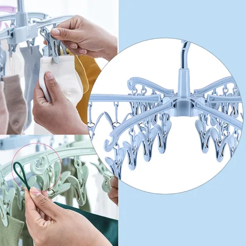 Miniatura 3 de Estante de secado plegable con 24 clips para secar calcetines, ropa de bebé, toallas de secado giratorias, 2 unidades (azul)