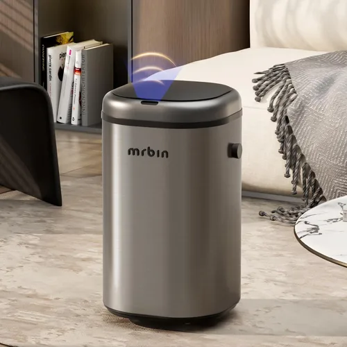 Miniatura 10 de MRBIN Cubo de basura de metal de absorción automática para baño, cubo de basura sin contacto con tapa, bote de basura delgado de 3.2 galones