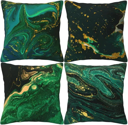 Juego de 4 fundas de almohada abstractas de 18 x 18 pulgadas, color verde esmeralda dorado, fundas decorativas modernas para sofá