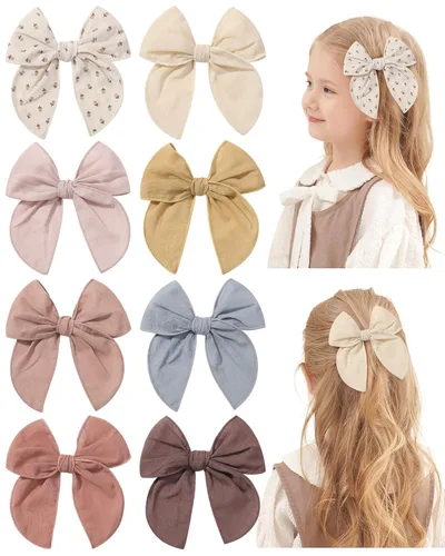 Miniatura 20 de 20 Lazos para el Cabello de Niñas Bebé Fable de 5.5 Pulgadas, Pinzas de Cocodrilo de Algodón y Lino, Accesorios Grandes Neutros Hechos a Mano