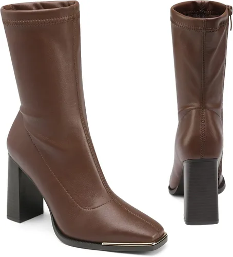 Miniatura 4 de DREAM PAIRS Botas Gogo de punta cuadrada para mujer, botas de tobillo elásticas, tacón alto y grueso, botas de media pantorrilla