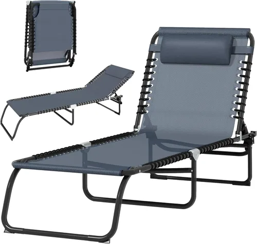 Outsunny Tumbona plegable, silla de bronceado para patio, tumbona para exteriores con respaldo reclinable de 4 posiciones, asiento de malla Gris