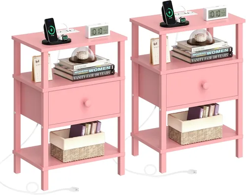 Miniatura 14 de Lerliuo Mesita de noche con estación de carga y puertos USB, mesa auxiliar de almacenamiento de 3 niveles con cajón y estante, mesita de noche