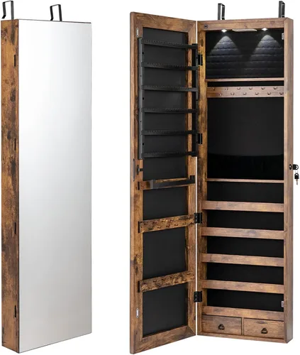 Miniatura 26 de Giantex Armario de joyería para puerta de pared con espejo de longitud completa, 2 LED con cerradura grande organizador de joyas con espejo ancho