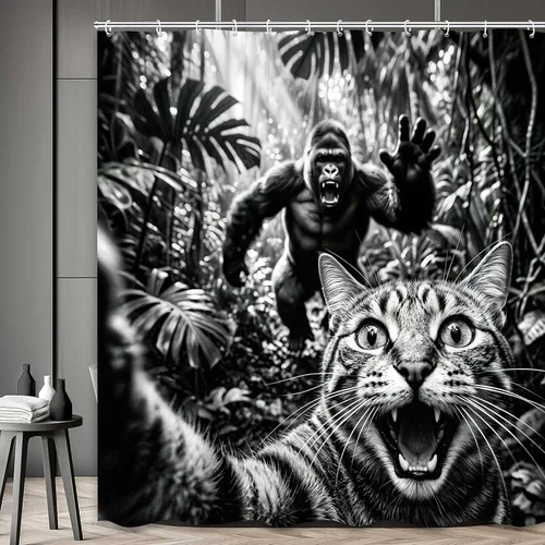 Miniatura 3 de Divertida cortina de ducha con diseño de gato con gorila en la selva, decoración de baño de animales humorísticos en blanco y negro, juego