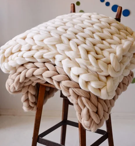 Miniatura 4 de Manta bohemia de punto grueso, tamaño matrimonial, color beige, hecha a mano para decoración de cama, manta de ganchillo, regalo para cumpleaños