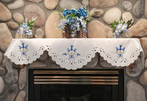 Miniatura 3 de Bufanda bordada para chimenea con capó azul y blanco y trabajo de corte (19 pulgadas de ancho x 90 largo)