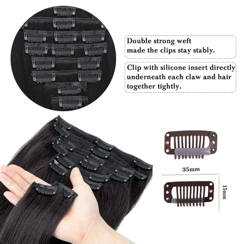 Miniatura 3 de Extensiones de cabello humano con clip, de 18 pulgadas, 8 piezas, color negro azabache, extensiones de cabello humano real para mujer, extensiones