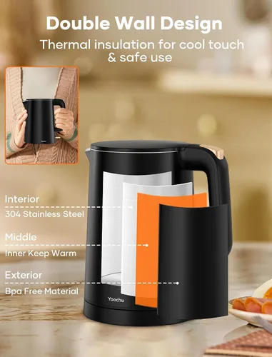 Miniatura 3 de Hervidor eléctrico pequeño, caldera de agua y calentador de 0.8 L, olla de té caliente de 1000 W, acero inoxidable de doble pared al tacto frío