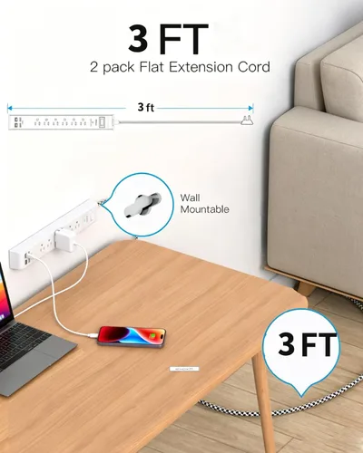 Miniatura 4 de 2 Pack Power Strip, Extension Cord 3FT, Surge Protector with 6 Outlets and 4 USB Ports (2 USB C), Flat Plug Overload Protection, Extension Cord with
