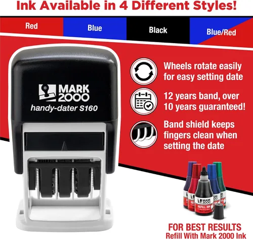 Miniatura 2 de Mark 2000 - Sello de oficina de goma autoentintado con frase y fecha pagadas, tinta roja (Handy-Dater S160), banda de 12 años Rojo
