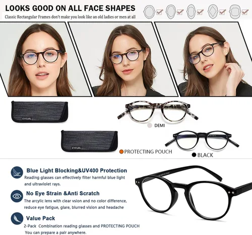 Miniatura 7 de EYEURL Paquete de 4 lentes de lectura redondos pequeños para mujeres y hombres, para colgar en el cuello, lentes TR90 con bloqueo de luz azul