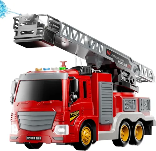 Miniatura 9 de JUKUDAHU Camión de bomberos de juguete para niños de 3, 4, 5, 6, 7, 8 años, juego de camiones de bomberos con escalera giratoria, sonido y luz
