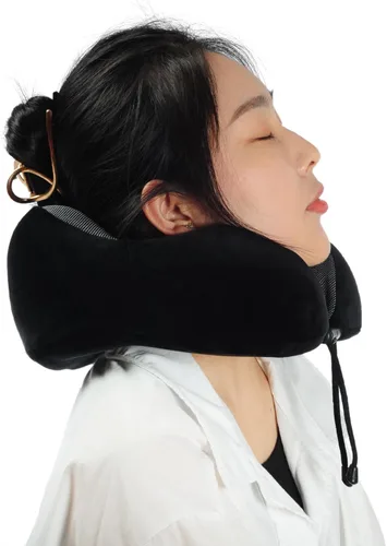 Miniatura 7 de Almohada de viaje de espuma viscoelástica, almohada para el cuello con soporte de cabeza de 360 grados, cómoda ideal para dormir en avión, Negro