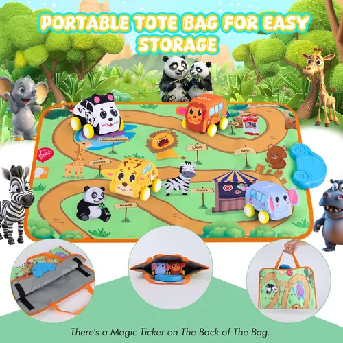 Miniatura 6 de Nuevo juego de vehículos de tracción con alfombra musical y manta de juego táctil, juego de juguetes suaves para bebés con 4 lindos autos