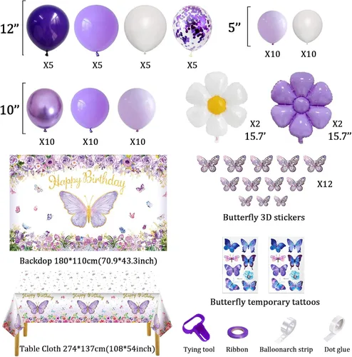 Miniatura 2 de Decoraciones de fiesta de mariposas, decoraciones temáticas de cumpleaños para niñas con kit de arco de globos, telón de fondo de fotografía
