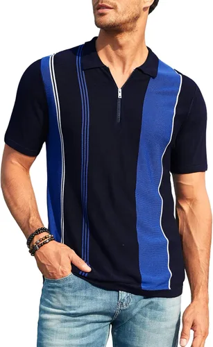 JMIERR Polo con cremallera para hombre, estilo vintage, a rayas, de punto, manga corta, ajuste clásico, camisa de golf