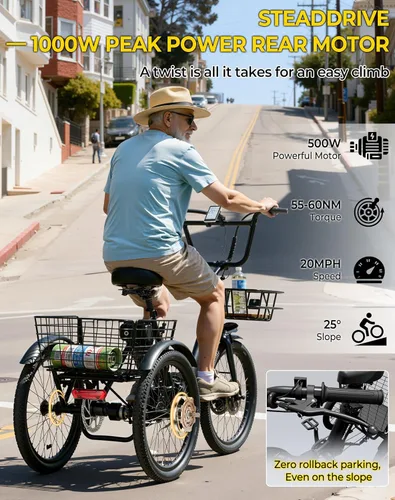 Miniatura 4 de Skeri Triciclo eléctrico, triciclo eléctrico de 1000 W para adultos, bicicleta eléctrica plegable de 3 ruedas de 20 pulgadas, triciclo E con batería