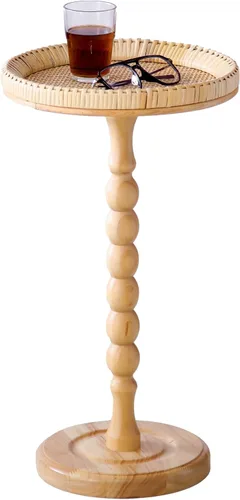 Miniatura 9 de Mesa auxiliar redonda de ratán pequeña para espacios pequeños, mesa auxiliar circular bohemia con patas de madera maciza para sala de estar, mesa