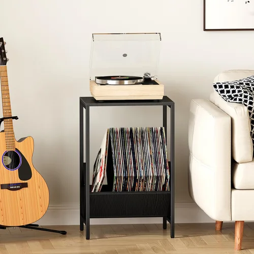 Miniatura 3 de Mesa auxiliar de 2 niveles, mesa auxiliar, soporte para tocadiscos con almacenamiento de hasta 100 álbumes, almacenamiento de discos de vinilo, Negro