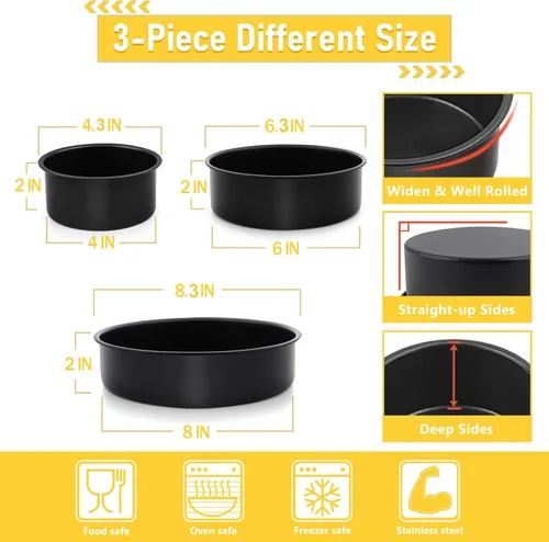 Miniatura 5 de E-far Molde para pasteles de 3 piezas (4/6/8 pulgadas), moldes redondos de acero inoxidable antiadherentes para hornear, moldes de metal