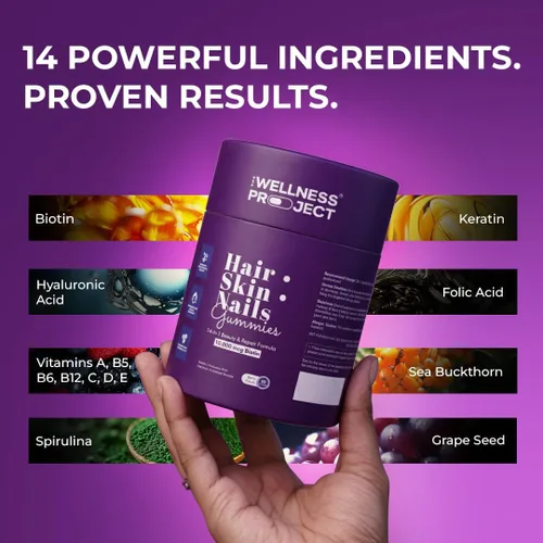Miniatura 3 de The Wellness Project Gomitas 14 en 1 para Cabello, Piel y Uñas con 10,000 mcg de Biotina, Queratina, Ácido Hialurónico y Fólico, Vitaminas A, B5, B6