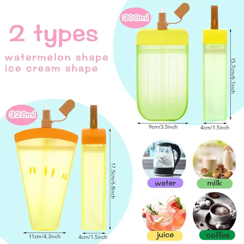 Miniatura 4 de Patelai 8 botellas de agua bonitas con pajita, tazas de helado de sandía kawaii, a prueba de fugas, con correa ajustable para el hombro