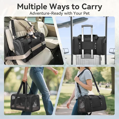Miniatura 8 de PETSFIT Transportador de gatos de lados suaves con hebillas de seguridad patentadas, cremalleras bloqueables y correa de seguridad, transportador